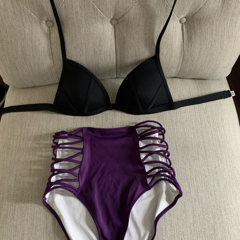 Black and Purple Strappy Bikini Set